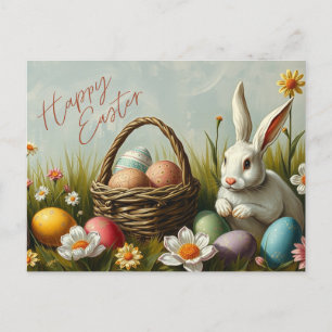 Happy Easter Vintage Bunny with Egg Basket Holiday Postcard