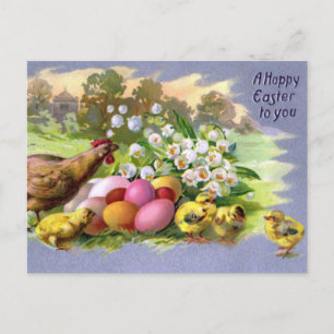 Happy Easter Vintage Chicken and Eggs Colourful Postcard