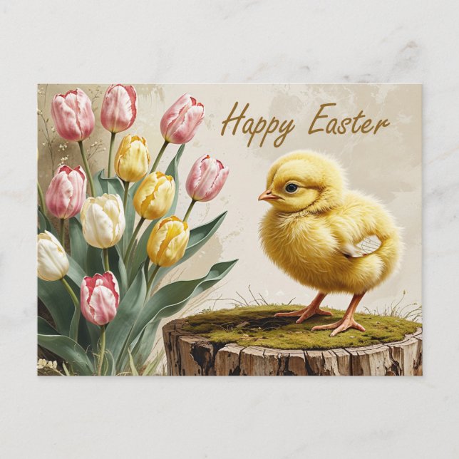 Happy Easter Vintage Chicken with Tulips Holiday Postcard (Front)