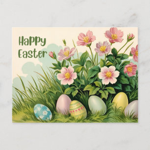 Happy Easter Vintage Flowers and Easter Eggs  Holiday Postcard