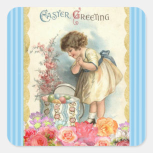 Happy Easter Vintage Girl and Egg Basket Stickers