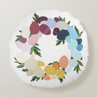 Happy Easter. Vintage Holiday Wreathe.  Round Cushion