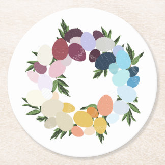 Happy Easter. Vintage Holiday Wreathe.  Round Paper Coaster