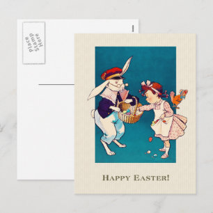 Happy Easter. Vintage Little Girl and Hare Holiday Postcard