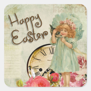 Happy Easter Vintage Little Girl Clock Floral Square Sticker