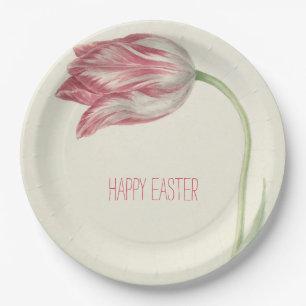 Happy Easter Vintage Pink Tulip Paper Plate