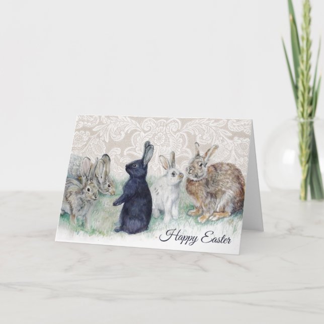 Happy Easter Vintage Rabbit and Lace  Holiday Card (Front)