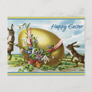 Happy Easter Vintage Rabbits with Giant Egg  Holiday Postcard