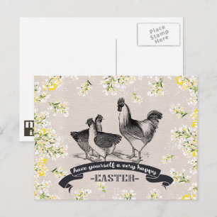 Happy Easter. Vintage Rooster & Hens Easter Holiday Postcard