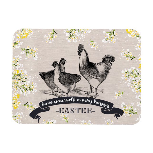 Happy Easter. Vintage Rooster & Hens Gift  Magnet (Horizontal)