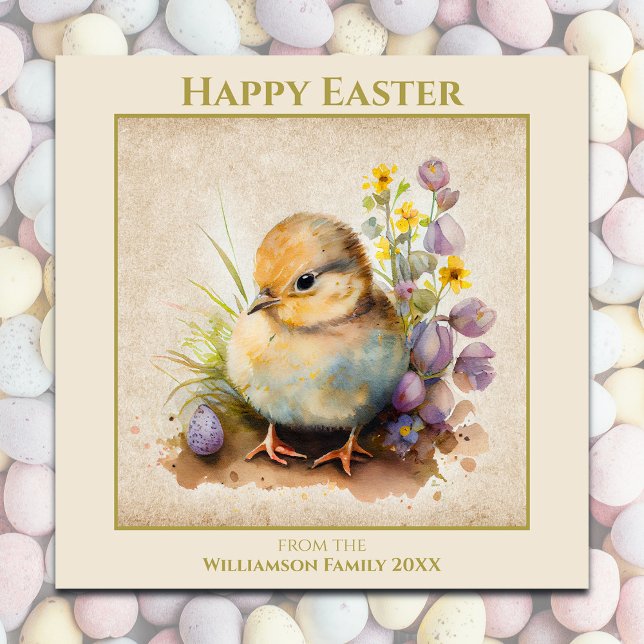 Happy Easter Vintage Yellow Chick Personalised Holiday Card (Personalize with Family Name & Year, or add other text, it's all editable.)