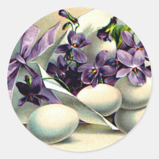 Happy Easter Violets & Eggs Vintage Classic Round Sticker