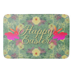 Happy Easter w/Bunnies Floral Green Bath Mat