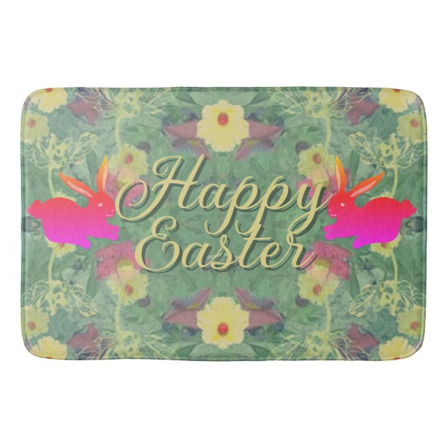 Happy Easter w/Bunnies Floral Green Bath Mat (Front)