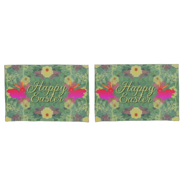 Happy Easter w/Bunnies Floral Green Pillowcase (Front-Set)
