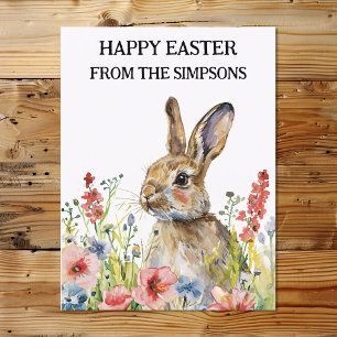 Happy Easter Watercolor Bunny in Flowers Family Postcard