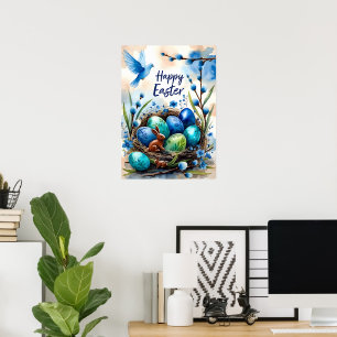Happy Easter Watercolor Bunny Nest Card Poster