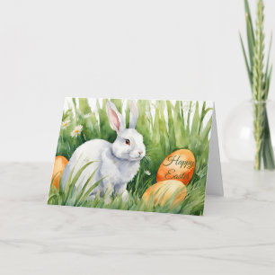 Happy Easter Watercolor Bunny with Easter Eggs Holiday Card