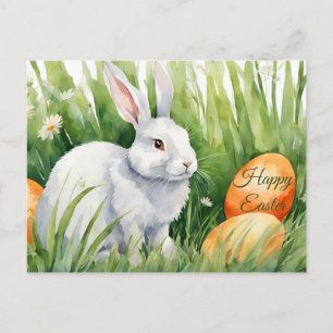 Happy Easter Watercolor Bunny with Easter Eggs Holiday Postcard