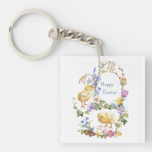Happy Easter Watercolor Chicks Floral Wreath Key Ring