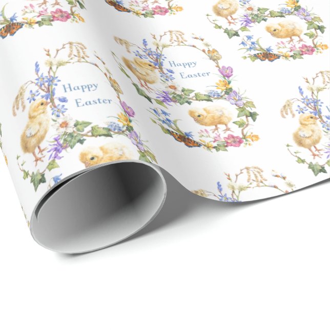 Happy Easter Watercolor Chicks Floral Wreath Wrapping Paper (Roll Corner)