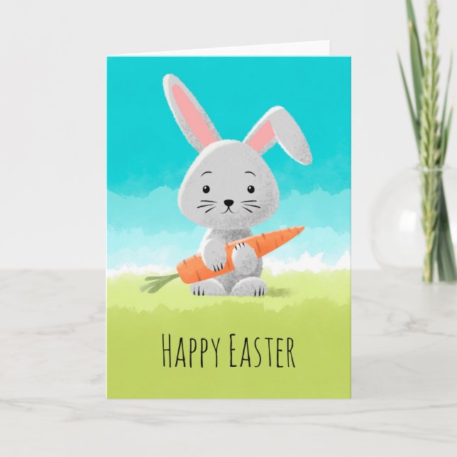 Happy Easter Watercolor Cute Bunny Carrot Holiday Card (Front)