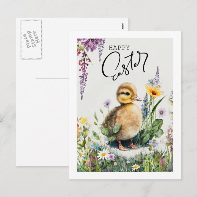Happy Easter. Watercolor Cute Duckling Holiday Postcard (Front/Back)