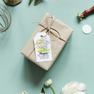 Happy Easter Watercolor Cute Rabbit Spring Flowers Gift Tags