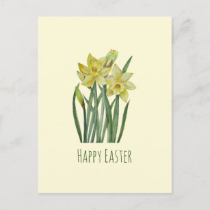 Happy Easter Watercolor Daffodils Flower Painting Postcard