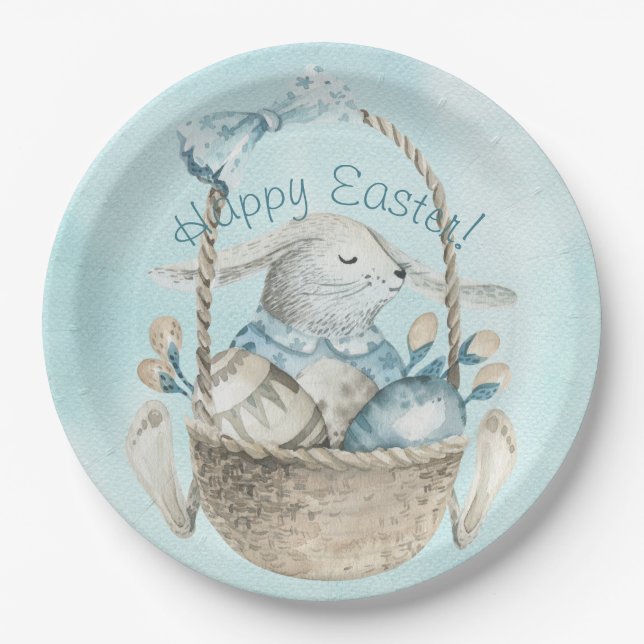 Happy Easter! Watercolor Easter Bunny Egg Basket Paper Plate (Front)