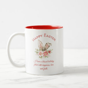 happy easter,watercolor floral bunny ears red cute Two-Tone coffee mug