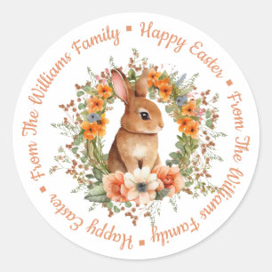 happy easter watercolor floral bunny orange script classic round sticker