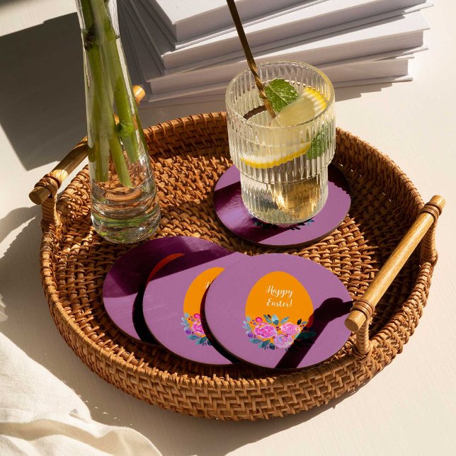 Happy Easter watercolor floral egg Round Paper Coaster (Creator Uploaded)