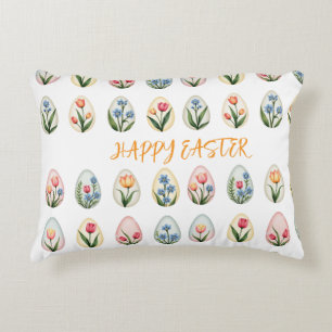 Happy Easter Watercolor Floral Eggs Decorative Cushion