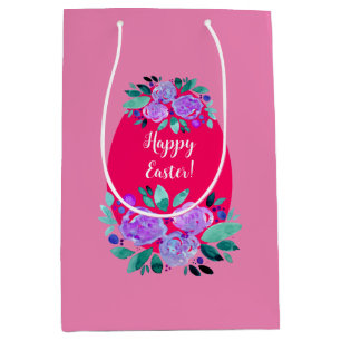 Happy Easter watercolor floral pink egg Medium Gift Bag