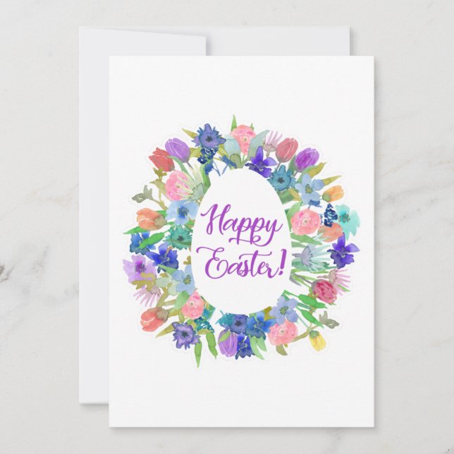 Happy Easter! Watercolor Flowers Egg Shape Holiday Card (Front)