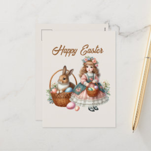 Happy Easter watercolor girl add message Holiday  Postcard
