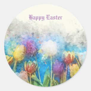 Happy Easter Watercolor Pastel Tulips Classic Round Sticker