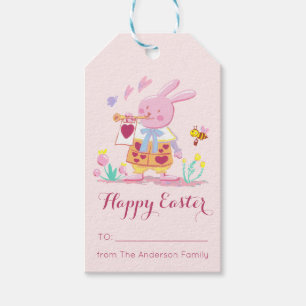 Happy Easter Watercolor Pink Bunny in Garden Gift Tags