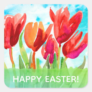 Happy Easter Watercolor Red Tulips Square Stickers