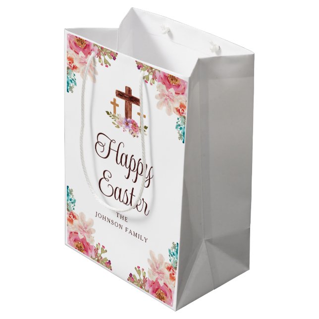 Happy Easter Watercolor Religious Cross Medium Gift Bag (Back Angled)