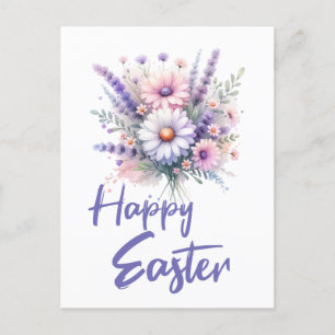 Happy Easter watercolor Spring Flower Bouquet Holiday Postcard