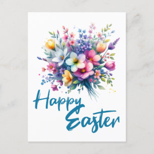 Happy Easter watercolor Spring Flower Bouquet Holiday Postcard