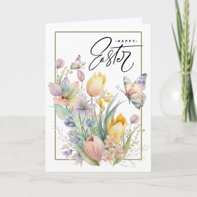 Happy Easter. Watercolor Tulips and Butterfly Holiday Card (Front)