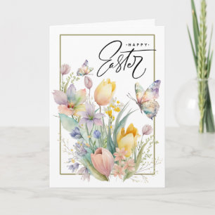 Happy Easter. Watercolor Tulips and Butterfly Holiday Card