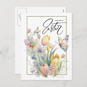Happy Easter. Watercolor Tulips and Butterfly Holiday Postcard