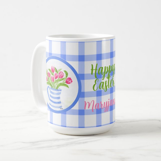 Happy Easter Watercolor Tulips Blue Check Coffee Mug (Front Left)