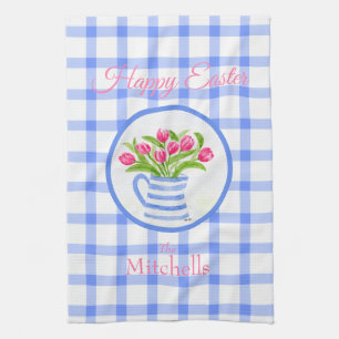 Happy Easter Watercolor Tulips Blue Check Tea Towel