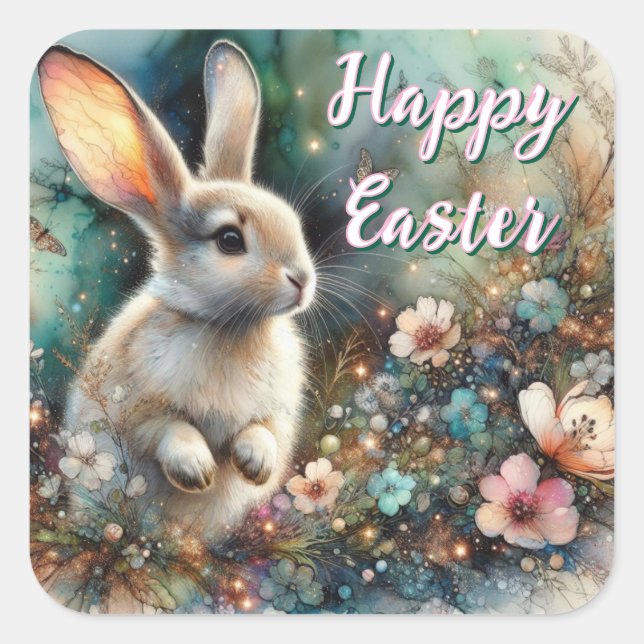 Happy Easter Watercolor Woodland Bunny Square Sticker (Front)