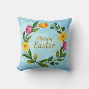 Happy Easter Watercolor wreath of tulips Cushion